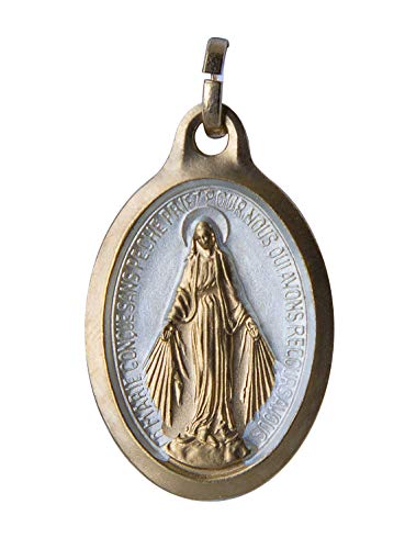 Medalla Virgen Milagrosa, oro fino de 24 quilates, forma ovalada y esmalte de dos tonos. Totalmente fabricado en pesos y empaquetado en cartón y en una bolsa transparente azul-blanco-rojo.