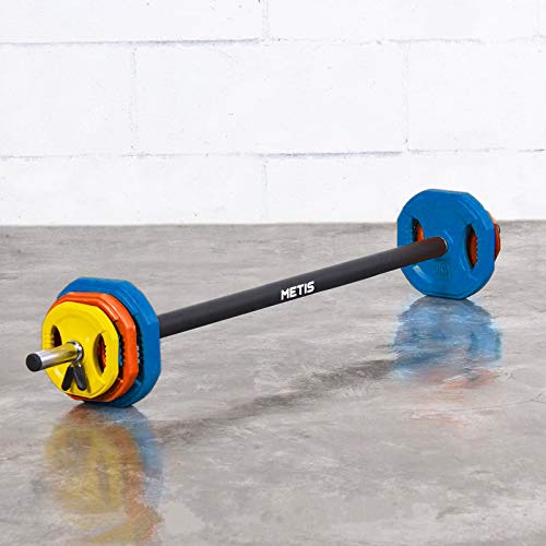 METIS Juego de Body Pump – Barra de Musculación 20KG con Discos de Pesas 1x2.5kg, 2x2.5kg, 2x1.25kg y Azanaderas Perfecto para Musculacion / Entrenamiento en Casa