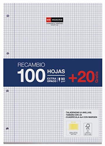 Miquelrius - Recambio de hojas sueltas, Tamaño A4, Cuadrícula de 4 x 4 mm, 120 hojas, 90 g/m² Miquelrius - Recambio de hojas sueltas, Tamaño A4, Cuadrícula de 4 x 4 mm, 120 hojas, 90 g/m²