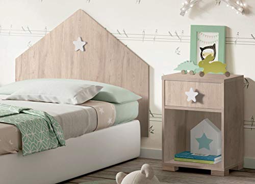 Miroytengo Conjunto Muebles Dormitorio Infantil Shine Cabezal Cama y Mesita Noche Color Roble Estrella Blanca