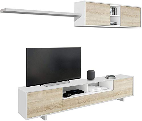 Mobelcenter - Mueble de salón Moderno Belus - Módulo TV, Módulo Superior y Estante - Color Blanco Brillo y Roble Canadian - Medidas Módulo TV: Ancho: 200 cm x Alto: 46 cm x Fondo: 41 cm - (1086)