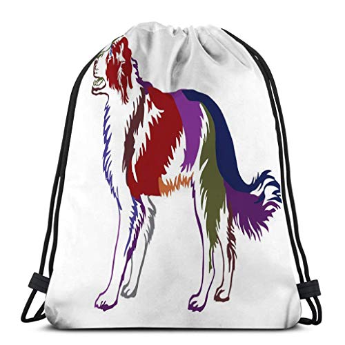 Mochila de Cuerdas Bolsa de Cuerda colorido decorativo retrato de pie perro border collie contorno perfil aislado fondo blanco 36X43CM