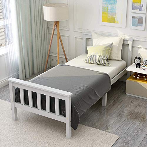 ModernLuxe Estructura de cama individual de madera maciza de pino blanco de 90 x 190 cm para adultos y niños