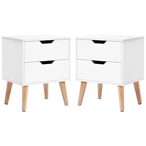 ModernLuxe r Set mesita de noche con 2 cajones, asas, estilo nórdico, mesita de noche auxiliar para dormitorio o salón, 45 x 35 x 56,5 cm (juego de 2 unidades), color blanco