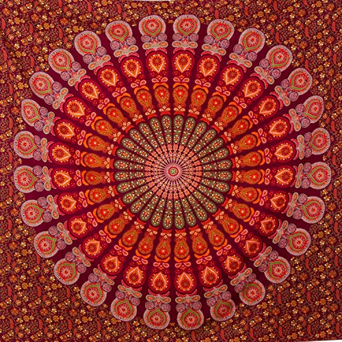 MOMOMUS Tapiz de Mandala - Hecho a Mano con Algodón 100% y Tintes Vegetales Naturales - Adornos de Arte para Pared de Hogar, Pareo/Toalla de Playa Grande, Sofá - Elegante y Bohemio - Rojo,210x230cm