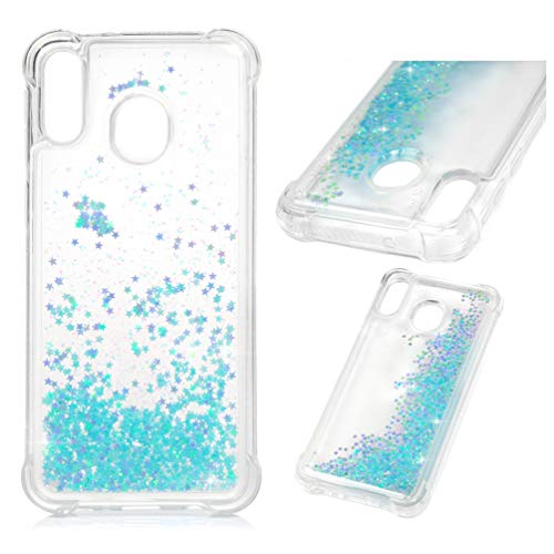 MUSESHOP Funda para Samsung Galaxy M20, Purpurina Líquida Que Fluye Cubierta Brillante Carcasa Liquida Cristal TPU Gel Fina Arenas Movedizas - Estrellas violetas Azul Claro