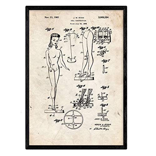 Nacnic Poster con patente de Muñeca infantil. Lámina con diseño de patente antigua en tamaño A3 y con fondo vintage