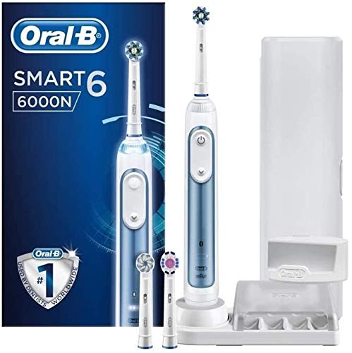 Oral-B Smart 6 6000N CrossAction - Cepillo Eléctrico 1 Azul Conectado, 5 Modos Blanqueado, Sensible, Cuidado Encías, 3 Cabezales Recambio, Funda de Viaje Premium