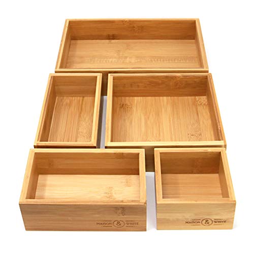 Organizador de cajones de bambú de 5 piezas | cajas de almacenamiento de madera duraderas | Tamaños surtidos | Versátil y configurable | M&W