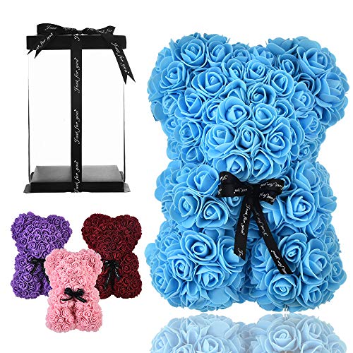 Osito oso rosa osito oso rosas oso de rosas regalos para mamá mujeres sus regalos para niñas adolescentes aniversario regalos madre, oso de rosa hecho a mano flor Valentín - oso rosa con caja (azul)