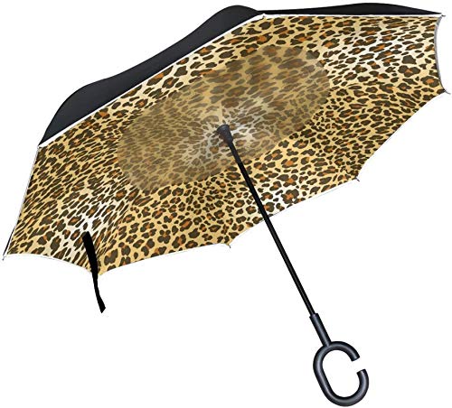 Paraguas invertido con estampado de pantera animal,mango en forma de C,a prueba de viento,a prueba de rayos UV,para viajes al aire libre,paraguas reversible para coche