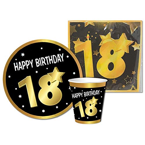 Partycolarità Kit desechable 18º cumpleaños – Juego de vajilla de 18 cumpleaños – 6 platos, 6 vasos y 20 servilletas – Diciocho años – Happy Birthday 18