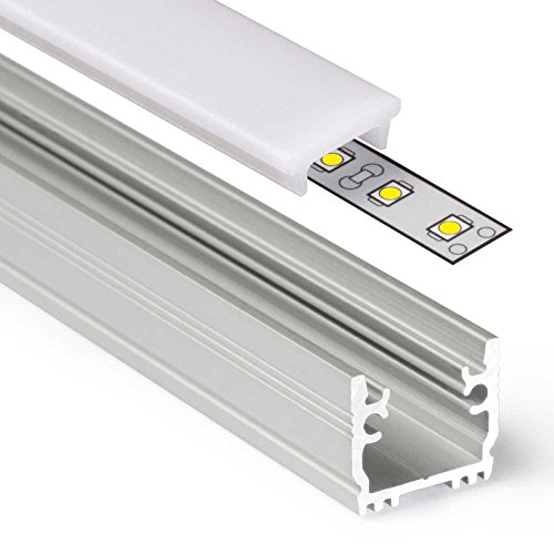 Perfil de aluminio FLOOR12 (FR) de 1 m de perfil de aluminio anodizado para tiras LED – Juego incluye cubierta de carril blanco lechoso con tapas y juego de juntas (1 metro de clic lechoso)