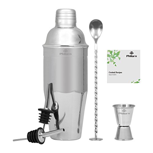 Philorn Coctelera Set de 5 Piezas 304 Acero Inoxidable Juego de Barras de Accesorios - Camareros Coctelera de 750ml Martini con Jigger de Medición, 2 Pourers de licor Receta de Bebidas