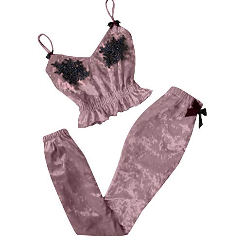 Pijamas de camisola de gamuza S para mujer,pestañas con cuello en V,cuentas,pijamas de camisola con manchas sexis,conjunto de pantalones con lazo(rosa,XXXL)