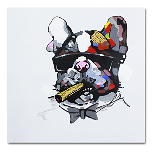Pintura pintada a mano de un Bulldog fumando un puro sobre lienzo enmarcado para decorar la pared y listo para colgar, lona, 24x24in