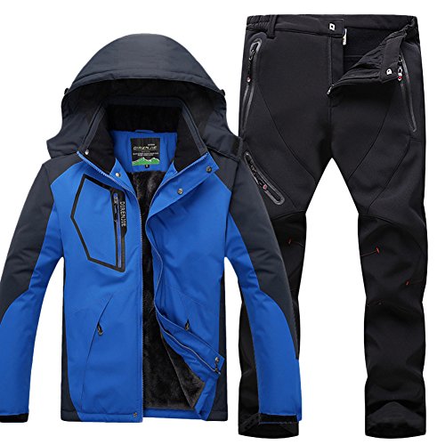 Qitun Hombre de Trekking Impermeable Deportivos Transpirable Pantalones Chaqueta de Esquí Impermeable Chaqueta de Nieve Excursionismo Conjunto CaiAzul B M