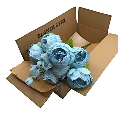 Ramo de Flores Peonía Artificial Vintage para decoración del hogar, Bodas, Fiestas (Azul Claro)