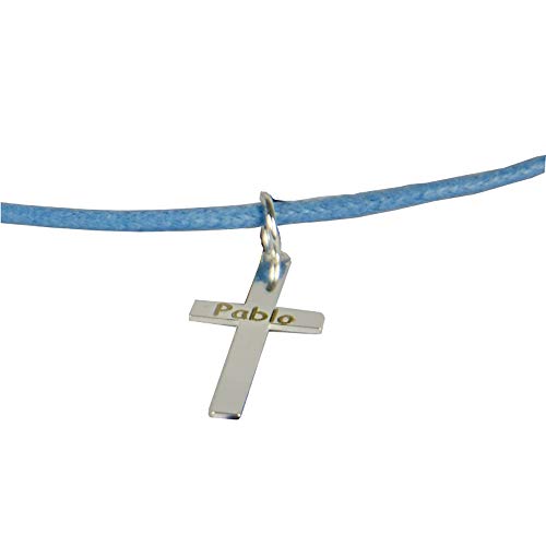 Regalo Personalizado para un niño o niña en su Primera Comunión: Colgante de Plata en Forma de Cruz Grabado con el Texto Que tú Quieras + cordón Azul