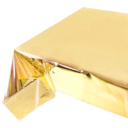 Reofrey - Paquete de 2 manteles de papel de aluminio dorado para mesa, mantel de plástico brillante para mesa de fiesta para banquete, festival, decoración de mesa de fiesta 54x108 pulgadas