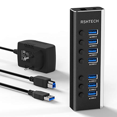RSHTECH Hub USB 3.0 (24 W, con fuente de alimentación de 12 V/2 A, 7 puertos USB 3.0, multipuerto USB 3.0, para carga y transferencia de datos, con interruptor de encendido y apagado individual)