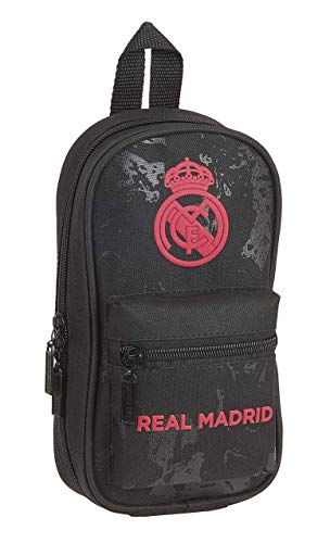 safta 412157747 Plumier mochila 4 estuches llenos, 33 piezas, escolar Real Madrid CF, Negro, 12 cm x 5 cm x 23 cm