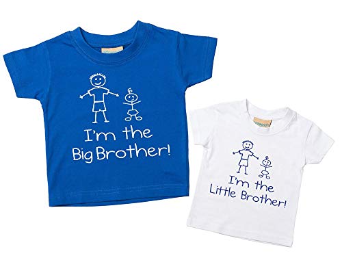 Set de camisetas azul y blanca con las frases I‘m The Big Brother y I’m The Little Brother para niño disponible en tallas para bebés de 0 a 6 meses y para niños de 14 a 15 años, regalo para hermano para niño azul azul Talla:Little 0-6 Months Big 3-4 Years