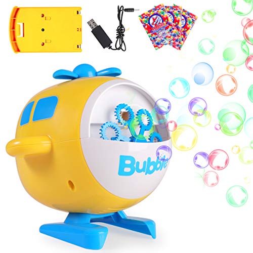 SHANNA Máquina Burbujas para Niños,Juguetes Hacer Burbujas Automatic con 3 Paquetes Concentrado,Bebé Divertido Juguetes Baño Juego al Aire Libre Niños (Amarillo-Forma Avión USB Recargable)
