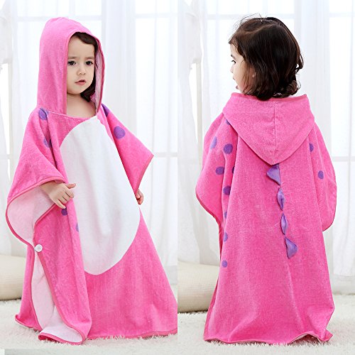 SHANNA Toalla de bebé con capucha, toalla de baño para niños y niñas, de 0 a 7 años, 70 x 70 cm, diseño de dinosaurio, color rosa