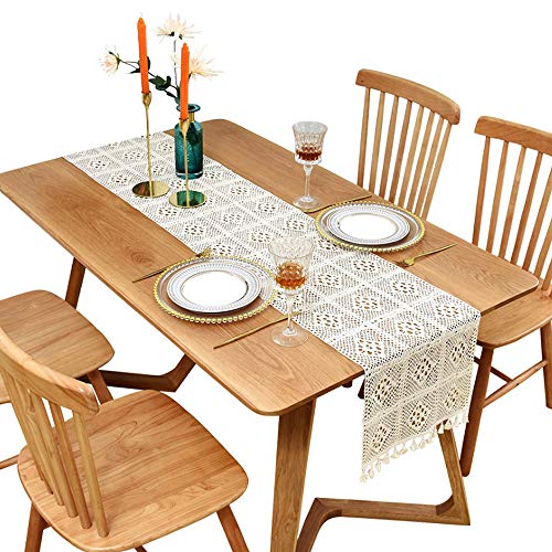 Shulok Camino de mesa moderno, color beige, rectangular, de macramé, de algodón, estilo rústico, decoración de mesa y estilo bohemio (beige, 30 x 200 cm)