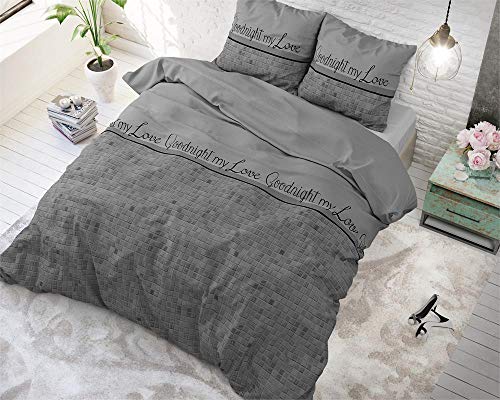 Sleep Time - Juego de cama Goodnight, 135 x 200 cm, con 1 funda de almohada de 80 x 80 cm, color gris