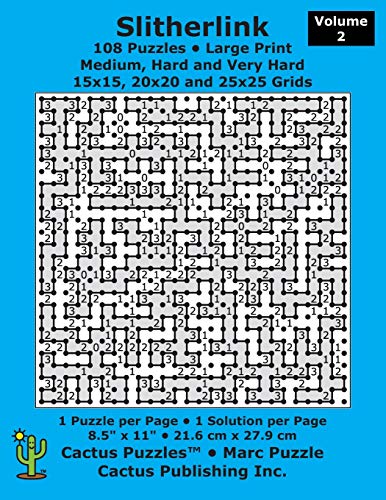 Slitherlink - 108 Puzzles; Medium, Hard and Very Hard; Volume 2; Large Print (Cactus Puzzles): 1 puzzle/pg,1 solution/pg; 8.5" x 11"; 21.6 x 27.9 cm; 15x15, 20x20, 25x25 grids