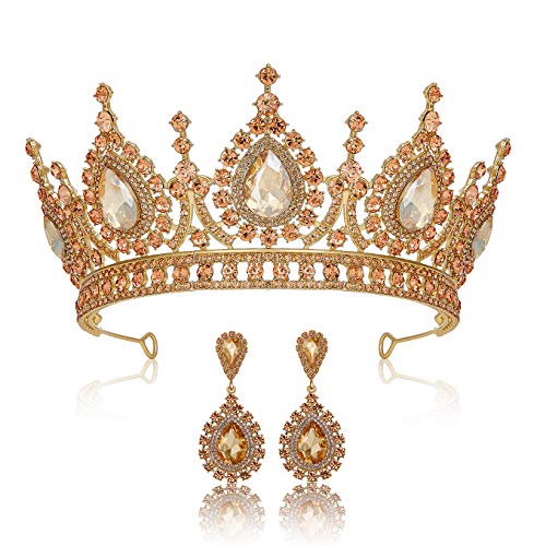 SWEETV - Juego de pendientes barrocos de boda con corona de reina y pendientes colgantes, cristal para fiesta de graduación, joyería para mujer