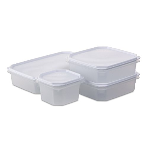 TATAY 1169001 - Set de 4 contenedores de alimentos herméticos cuadrados con tapa flexible a presión blanca (1 x 0.6 L, 2 x 1.3 L, 1 x 2.1 L)