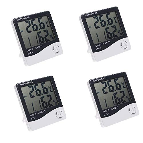 Temperatura digital Humedad KKmoon 4PCS HTC-1 LCD Medidor Higrómetro Hora de alarma con soporte (Manual del usuario alemán)