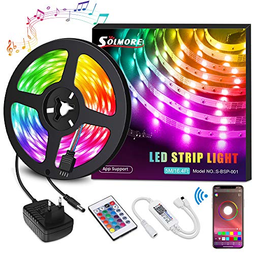 Tira LED Bluetooth 5M, SOLMORE Tira Música RGB 5050 150 LEDs/Música Activada con Controlador/Control Musical Inteligente RGB/Tira de Luz para la Decoración del Hogar (Non Impermeable)