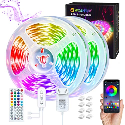 Tiras LED 10M,WOANWAY Tiras luces LED RGB Bluetooth con Control Remoto y APP de Control,LED Tira Luz con Sincronizar de música y control de Micrófono,para Interior/Dormitorio/Hogar/Fiesta/TV