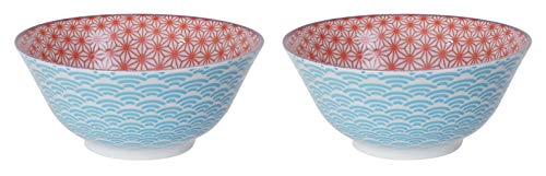 TOKYO DESIGN Star Wave Japan - Cuencos de colores (15 cm de diámetro, 500 ml, porcelana asiática, diseño japonés con dibujos coloridos), color azul claro y rojo claro