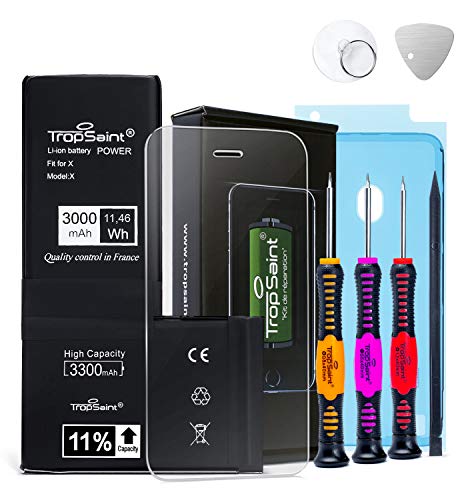 Trop Saint® Batería Interna para iPhone X - Alta Capacidad (3000mAh/3,82V) 11% más de Carga - con Instrumentos, Pegatinas Adhesivas y Vidrio Templado Trop Saint® Batería Interna para iPhone X - Alta Capacidad (3000mAh/3,82V) 11% más de Carga - con Instrumentos, Pegatinas Adhesivas y Vidrio Templado