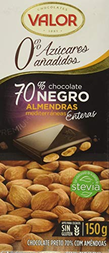 Valor Chocolate Negro 70% con Almendras 0% Azúcares Añadidos, 150g