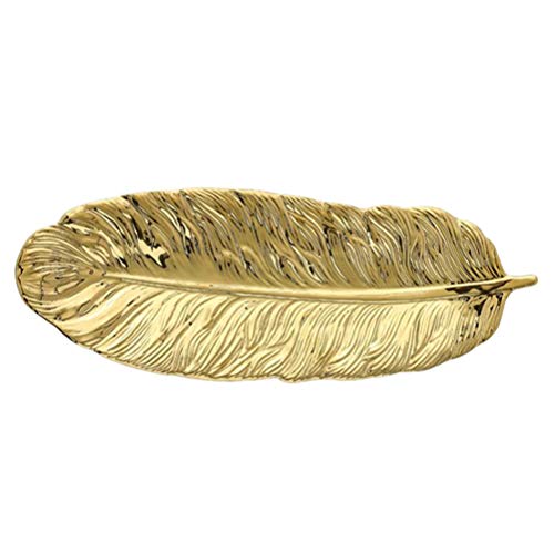 Vosarea Bandeja de cerámica Bandeja de plato de joyería con forma de pluma dorada Bandeja de almacenamiento para anillos Pendientes Pulseras