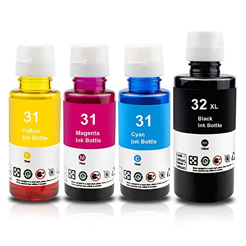 Xemax Compatible Recargar de Tinta Reemplazo para HP 31 32XL Trabajo para HP Smart-Tank Plus 455 555 570 655 Wireless All-in-One Ink-Tank Impresor, 135ml Negro, 70ml Cian/Magenta/Amarillo, 4 Botella