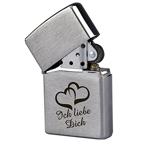 'Zippo con grabado Ich liebe dich y 2 corazones en Chrome cepillado Mechero de gasolina 'Zippo con grabado Ich liebe dich y 2 corazones en Chrome cepillado Mechero de gasolina