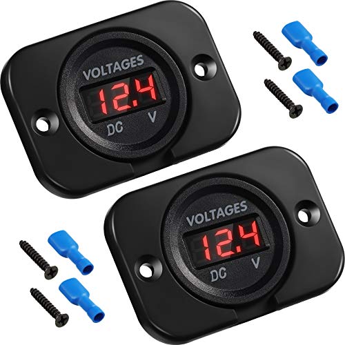 2 Piezas Voltímetros Impermeable de Coche DC 12V 24V con Panel de Pantalla Digital LED y Placa de Montaje, Medidor de Voltaje Redondo con Terminales para Bote Coche Motocicleta (Luz Rojo)