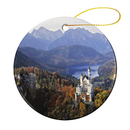 Adornos de Navidad, Alemania Bavaria Neuschwanstein Castillo Plano Círculo Porcelana Ornamento Cerámico, 7,8 cm, Árbol Colgante Decoración - Ideal para regalar y coleccionar