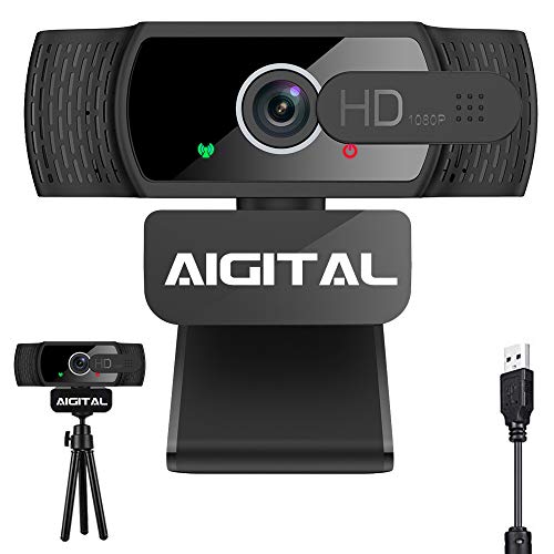 Aigital Webcam Full HD 1080P con Micrófono, Cámara Web PC Autofoco Portátil con Cubierta de Privacidad y Trípode, USB 2.0, Clip Giratorio, para Videollamadas, Conferencias, Juegos, Estudio en Línea