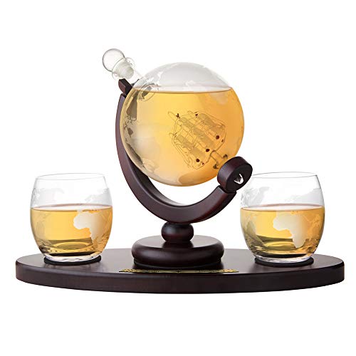AMAVEL Set de Decantador para Whisky con Forma de Globo Terráqueo y 2 Vasos de Whisky de Diseño sobre Bandeja - Decantador con Cierre Hermético Capacidad 850 ml