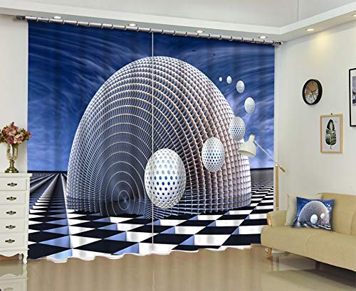 AmDxD 2 paneles de poliéster oscurecimiento, cortinas para ventanas, dormitorio, forma de concha de golf, cortinas decorativas, color blanco negro azul, 200 cm de ancho x 222 cm de alto