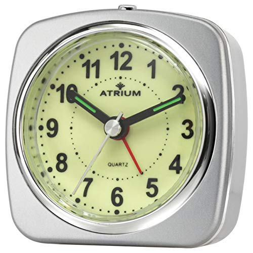 Atrium A235-19 - Despertador analógico de cuarzo (sin tic tac, luz de repetición de alarma), color gris claro y plateado