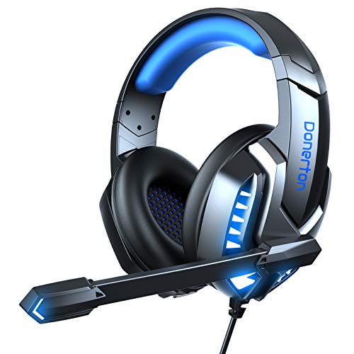 Auriculares Gaming, Cascos Gaming PS4 Auriculares Estéreo Avanzados con Microfono, Cancelación de Ruido Auriculares para Juegos, Luz LED y Orejeras Giratorias de 120°, Compatibles con PS5/Xbox One/PC